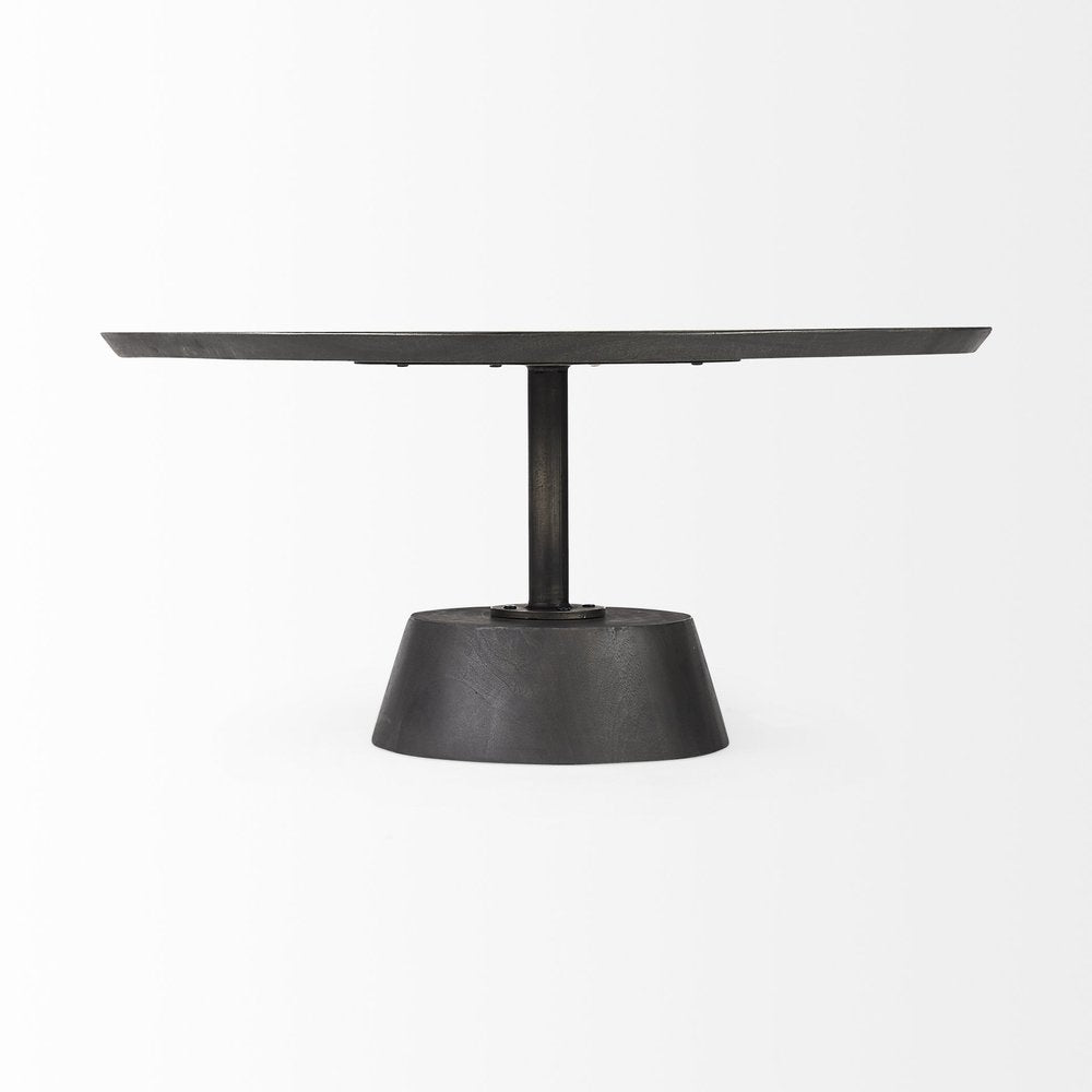 Dark Brown and Black Solid Wood and Iron Round Pedestal Coffee Table