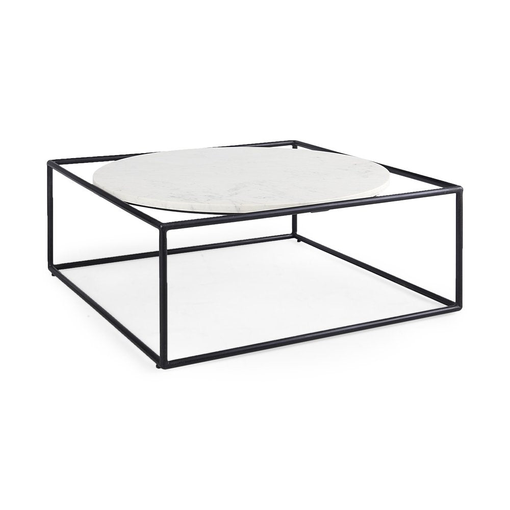 White and Black Genuine Marble and Metal Square Frame Coffee Table