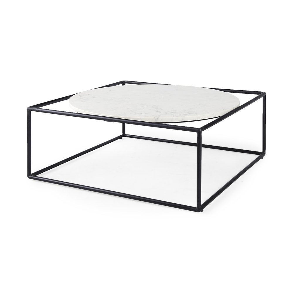White and Black Genuine Marble and Metal Square Frame Coffee Table