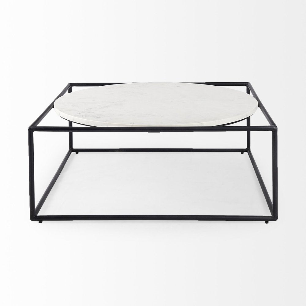 White and Black Genuine Marble and Metal Square Frame Coffee Table