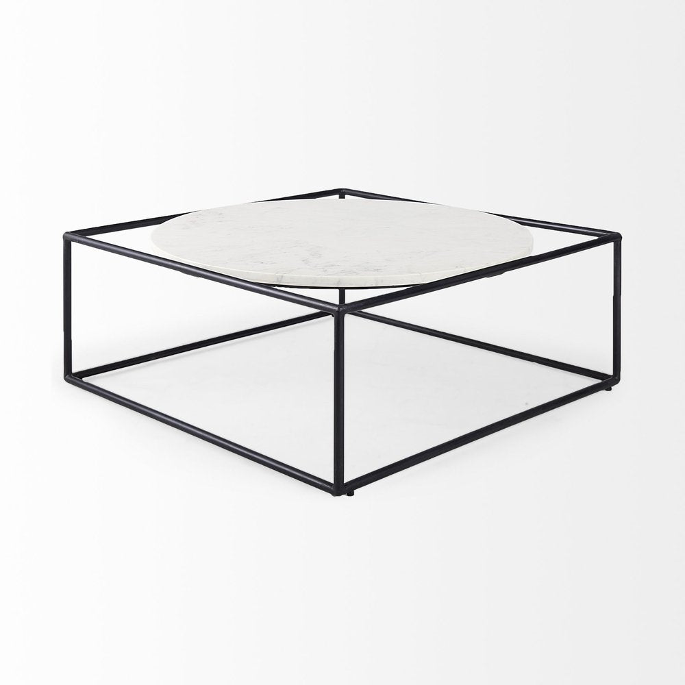 White and Black Genuine Marble and Metal Square Frame Coffee Table