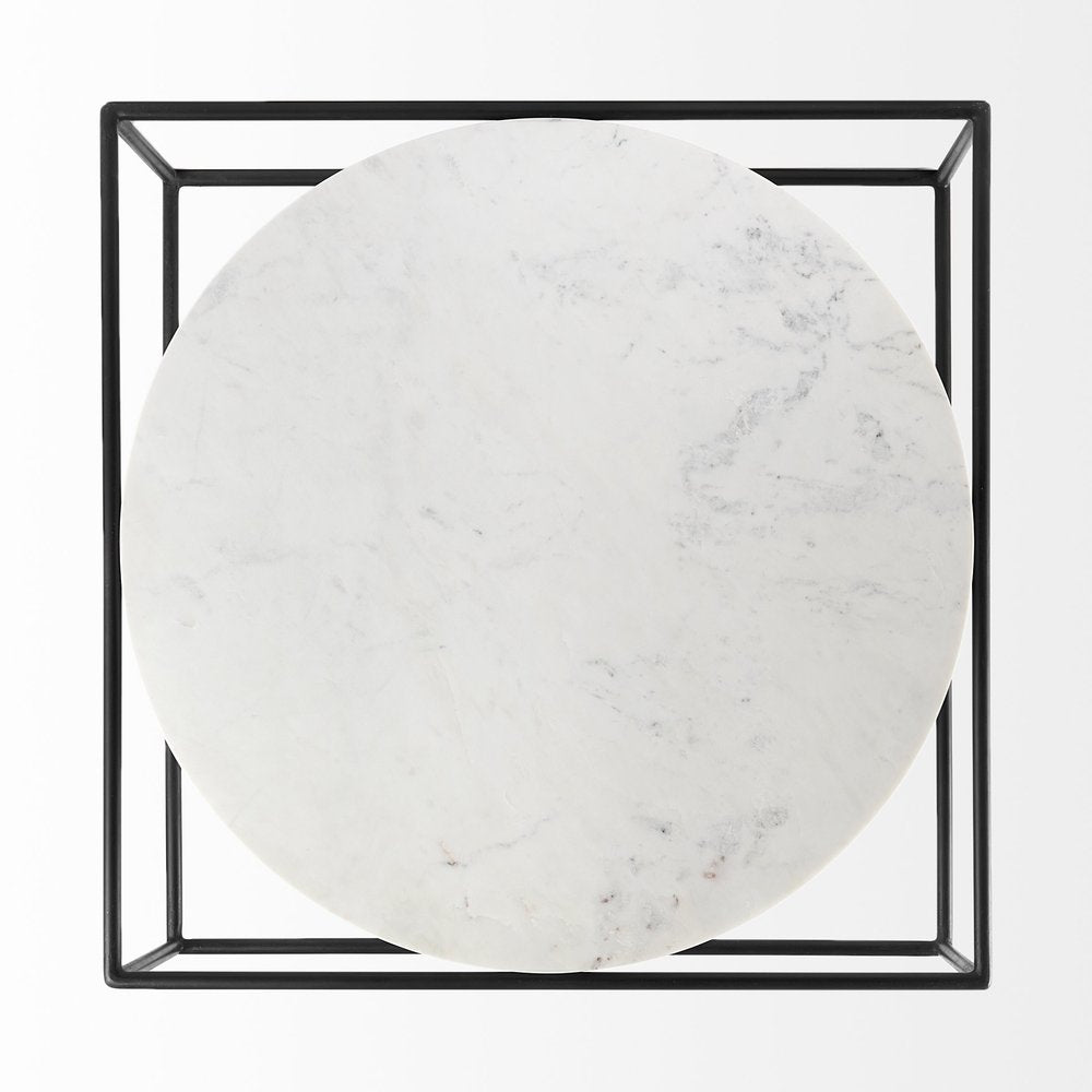 White and Black Genuine Marble and Metal Square Frame Coffee Table