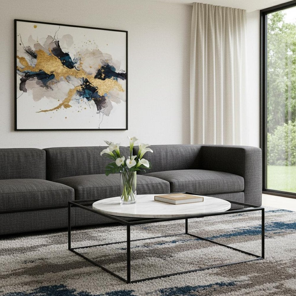 White and Black Genuine Marble and Metal Square Frame Coffee Table