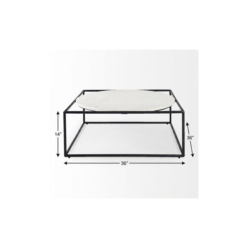 White and Black Genuine Marble and Metal Square Frame Coffee Table
