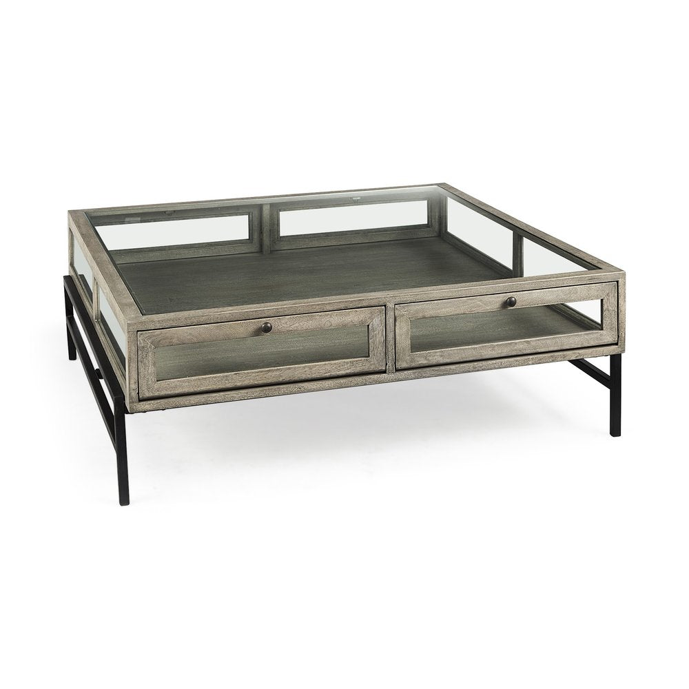 Gray and Black Glass and Metal Square Coffee Table with Shelf