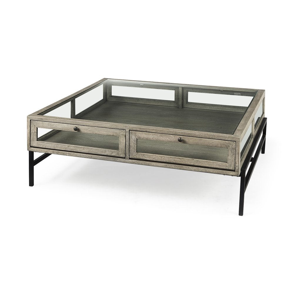 Gray and Black Glass and Metal Square Coffee Table with Shelf