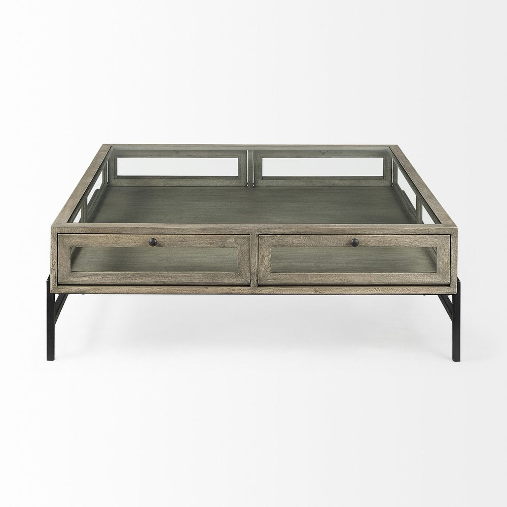 Gray and Black Glass and Metal Square Coffee Table with Shelf