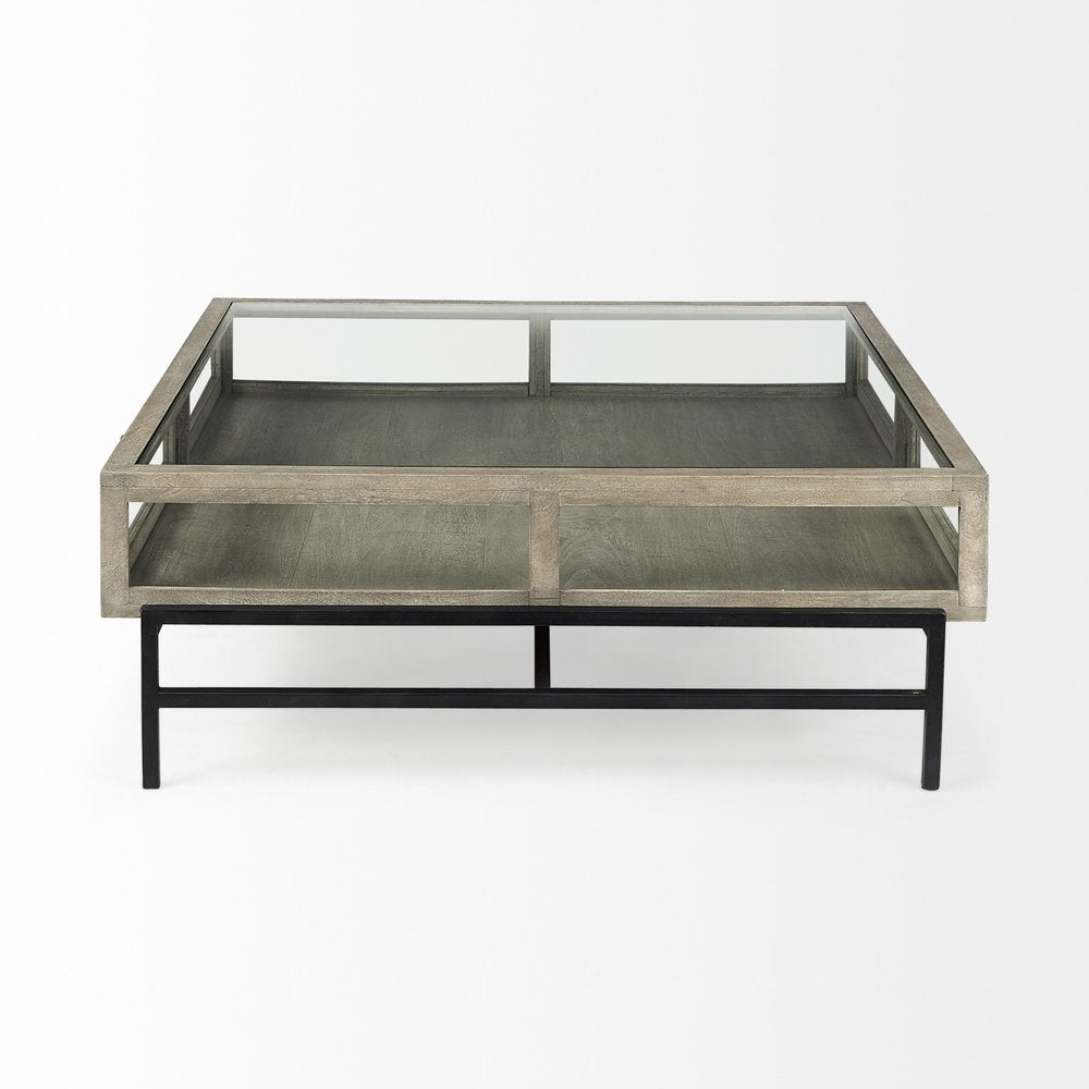 Gray and Black Glass and Metal Square Coffee Table with Shelf