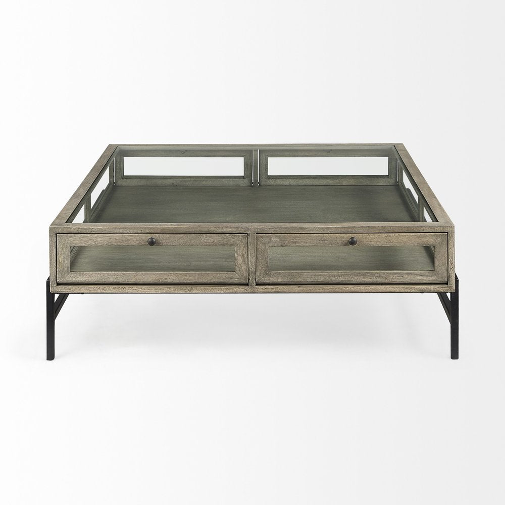 Gray and Black Glass and Metal Square Coffee Table with Shelf