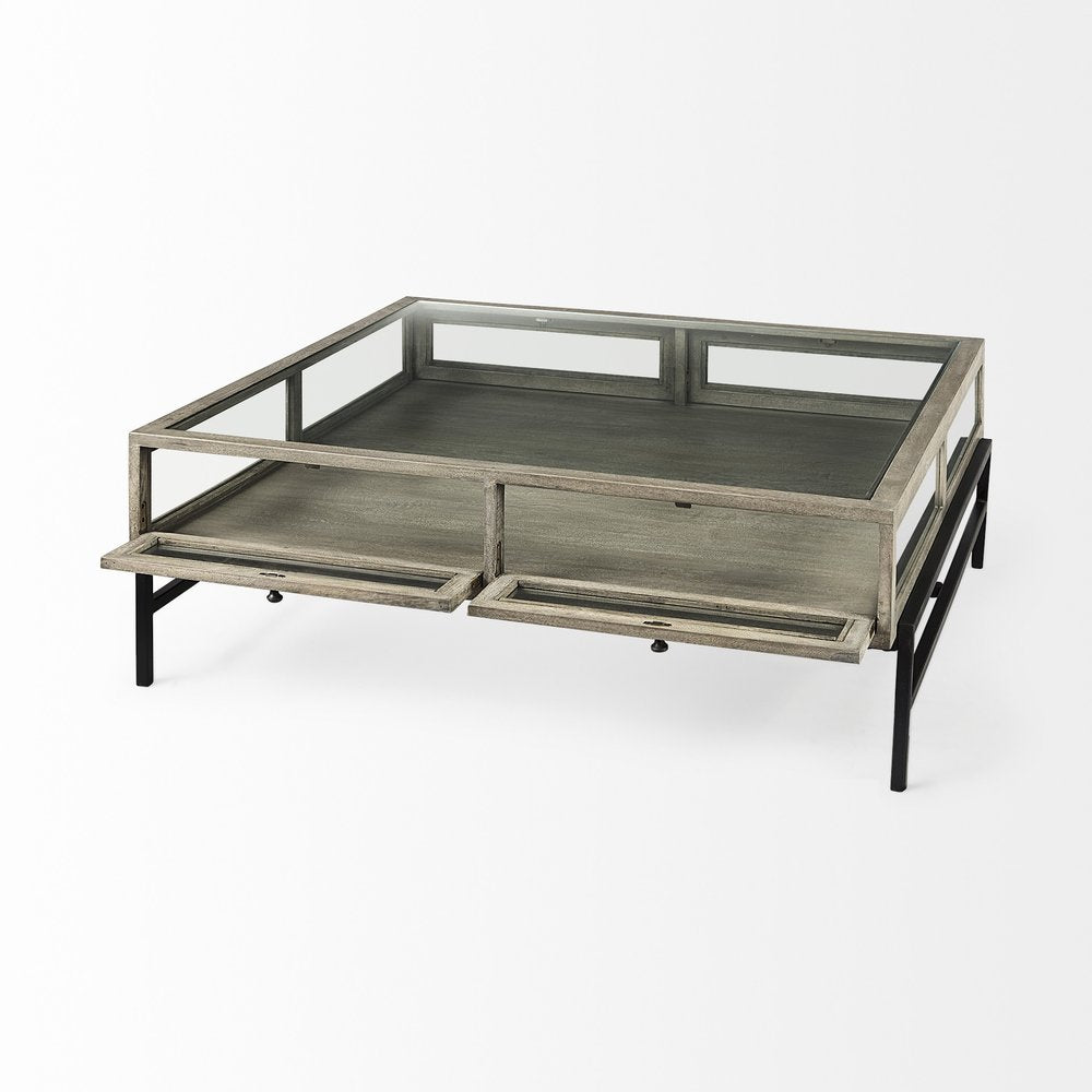 Gray and Black Glass and Metal Square Coffee Table with Shelf