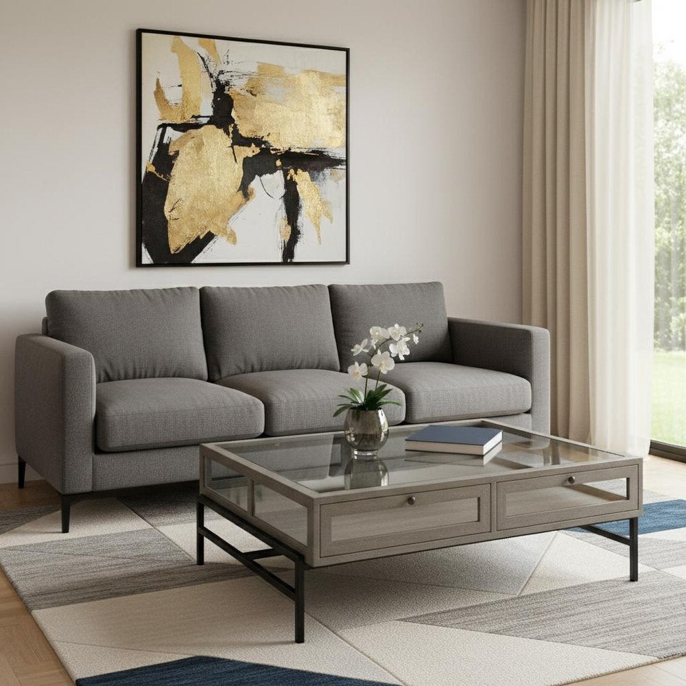Gray and Black Glass and Metal Square Coffee Table with Shelf