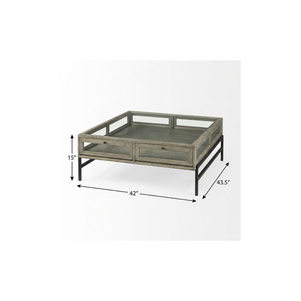 Gray and Black Glass and Metal Square Coffee Table with Shelf