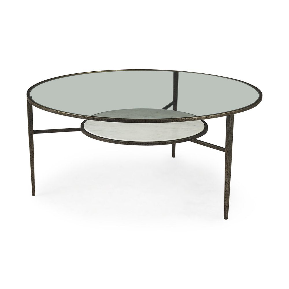 Clear and Bronze Glass and Metal Round Coffee Table with Shelf