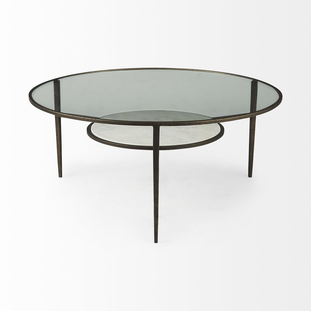 Clear and Bronze Glass and Metal Round Coffee Table with Shelf