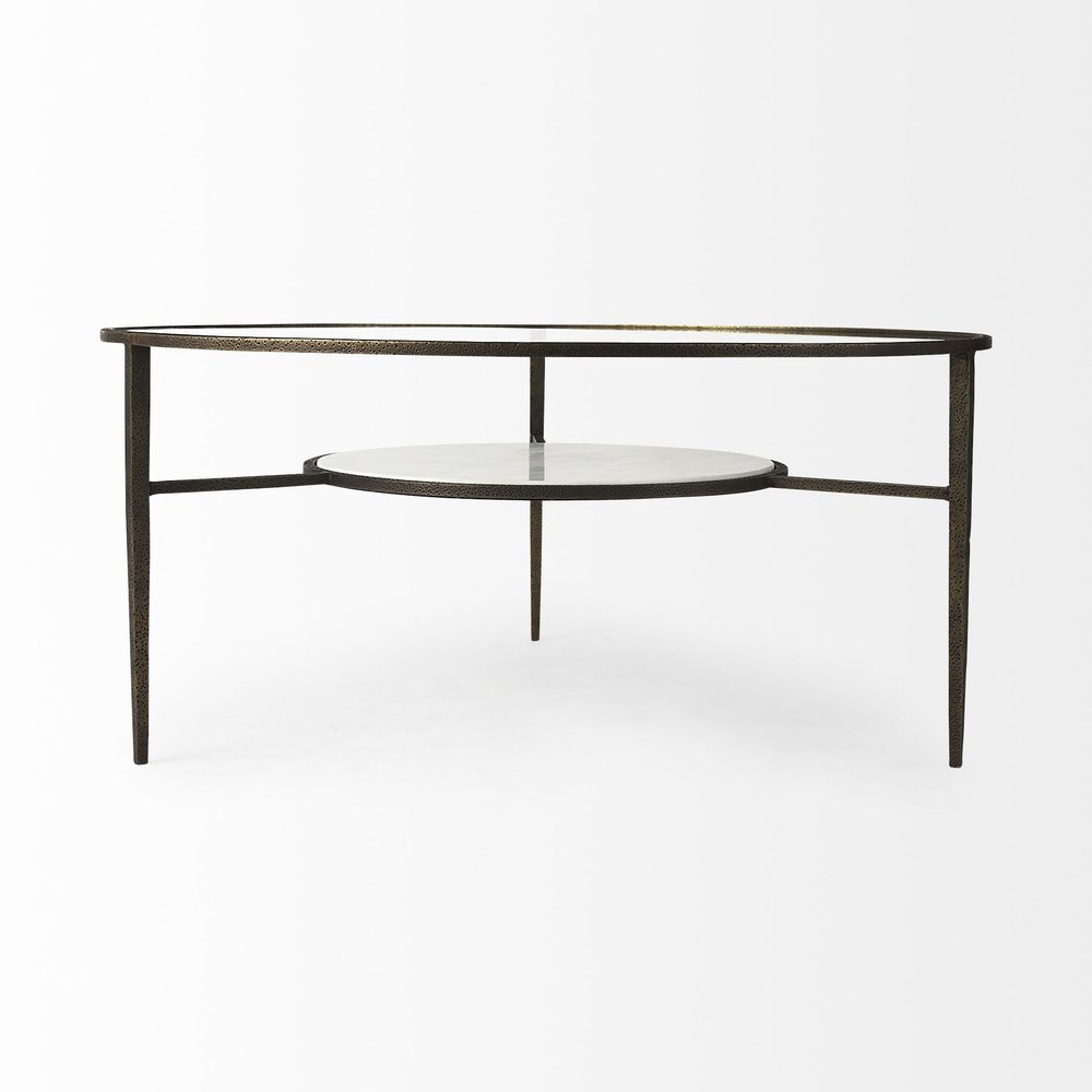 Clear and Bronze Glass and Metal Round Coffee Table with Shelf