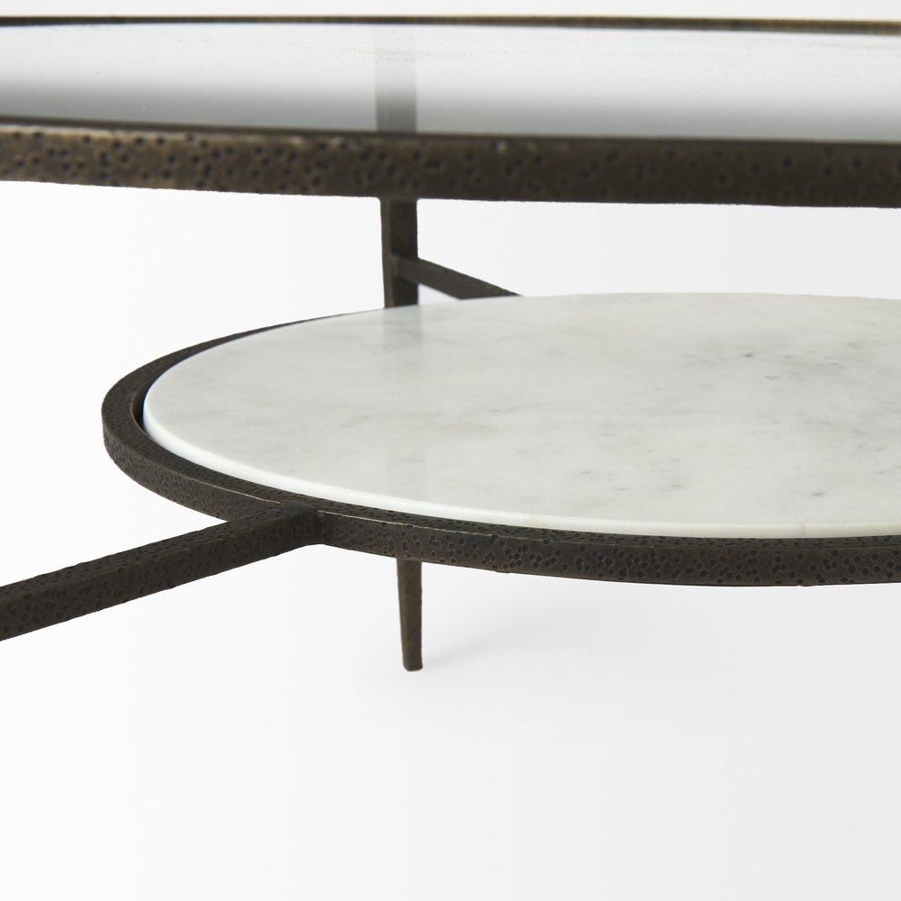 Clear and Bronze Glass and Metal Round Coffee Table with Shelf