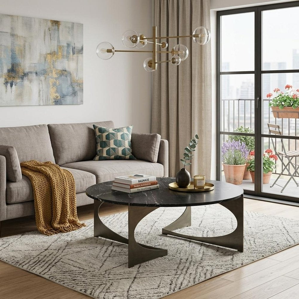 Black and Gold Genuine Marble and Iron Round Coffee Table - 48-inch