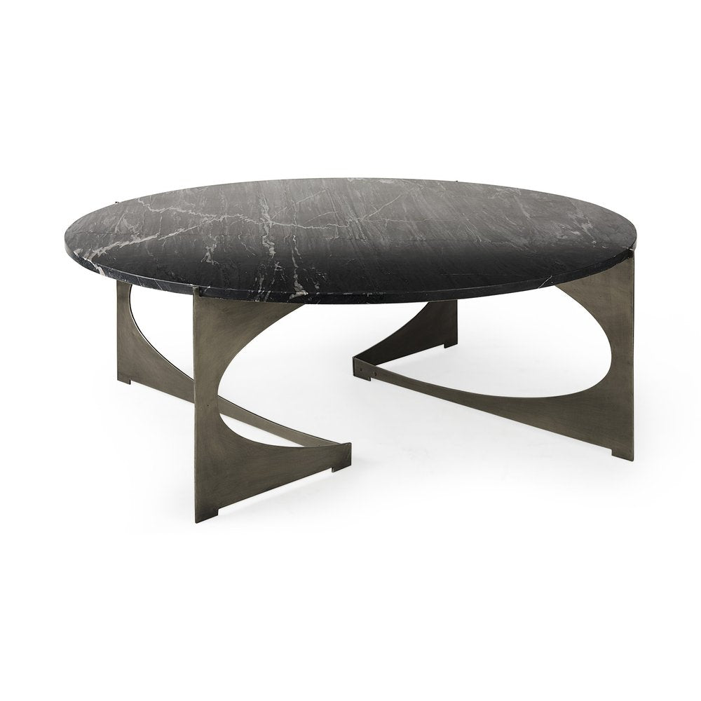Black and Gold Genuine Marble and Iron Round Coffee Table - 48-inch