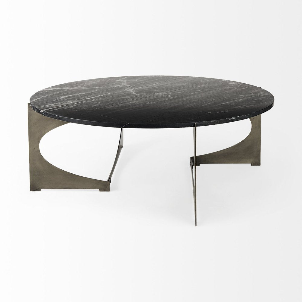 Black and Gold Genuine Marble and Iron Round Coffee Table - 48-inch