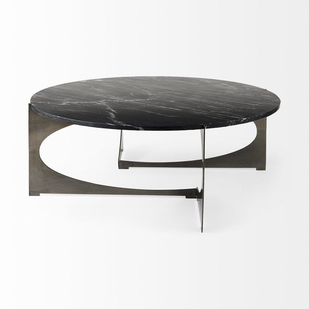 Black and Gold Genuine Marble and Iron Round Coffee Table - 48-inch