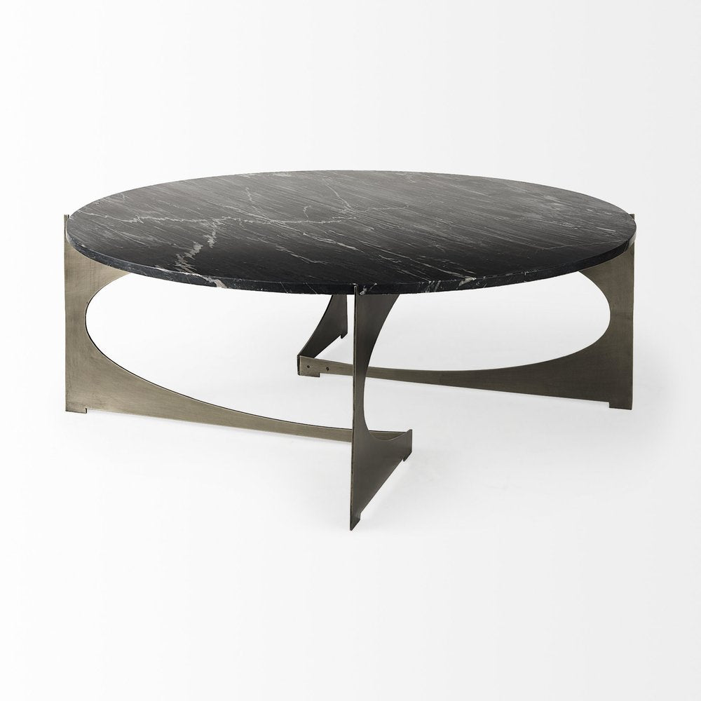 Black and Gold Genuine Marble and Iron Round Coffee Table - 48-inch