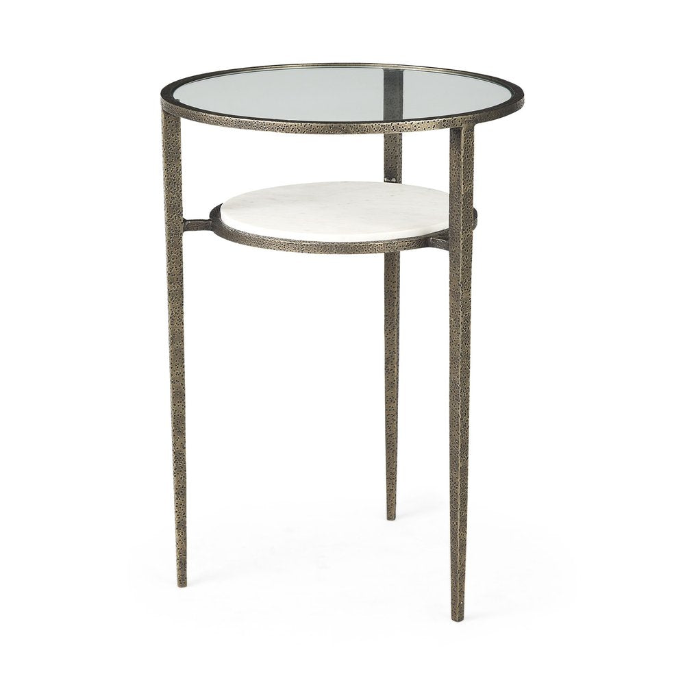 Bronze and Clear Glass and Metal Round End Table with Shelf - 23-inch