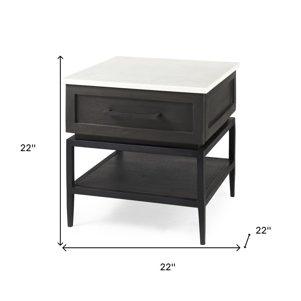 Black and White Marble Square End Table with Drawer and Shelf