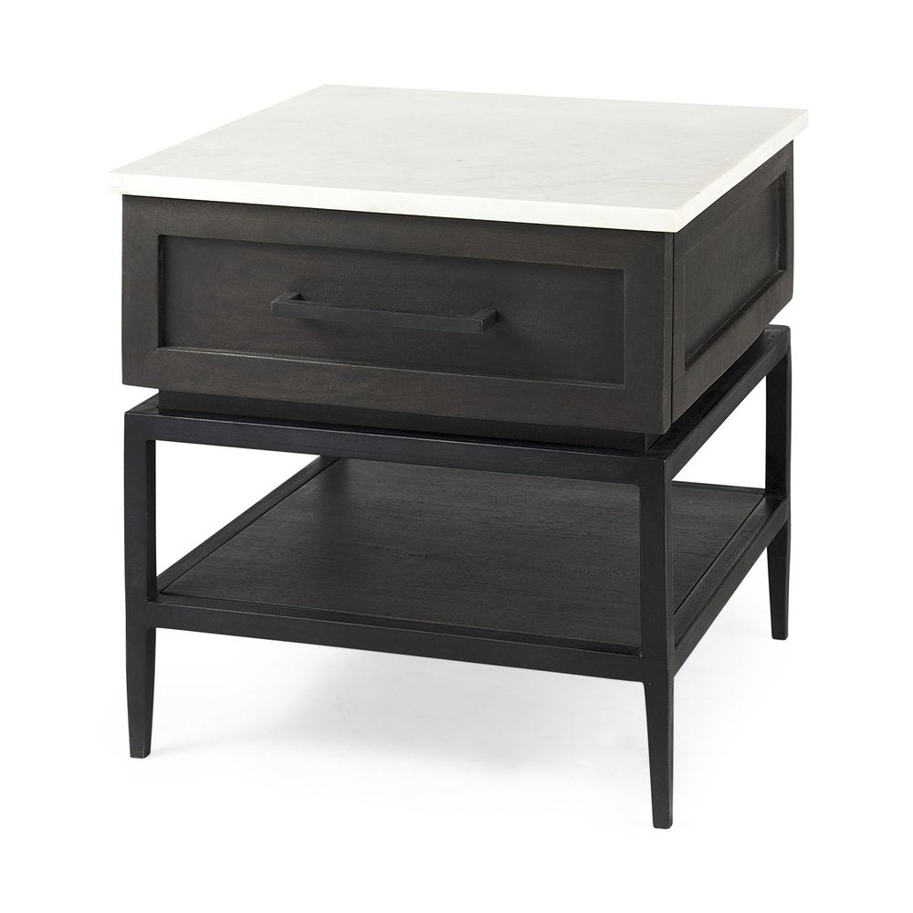 Black and White Marble Square End Table with Drawer and Shelf