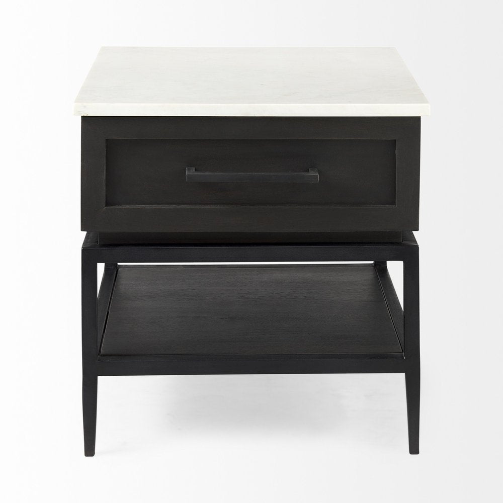 Black and White Marble Square End Table with Drawer and Shelf
