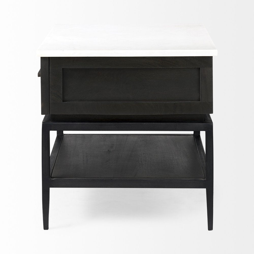 Black and White Marble Square End Table with Drawer and Shelf