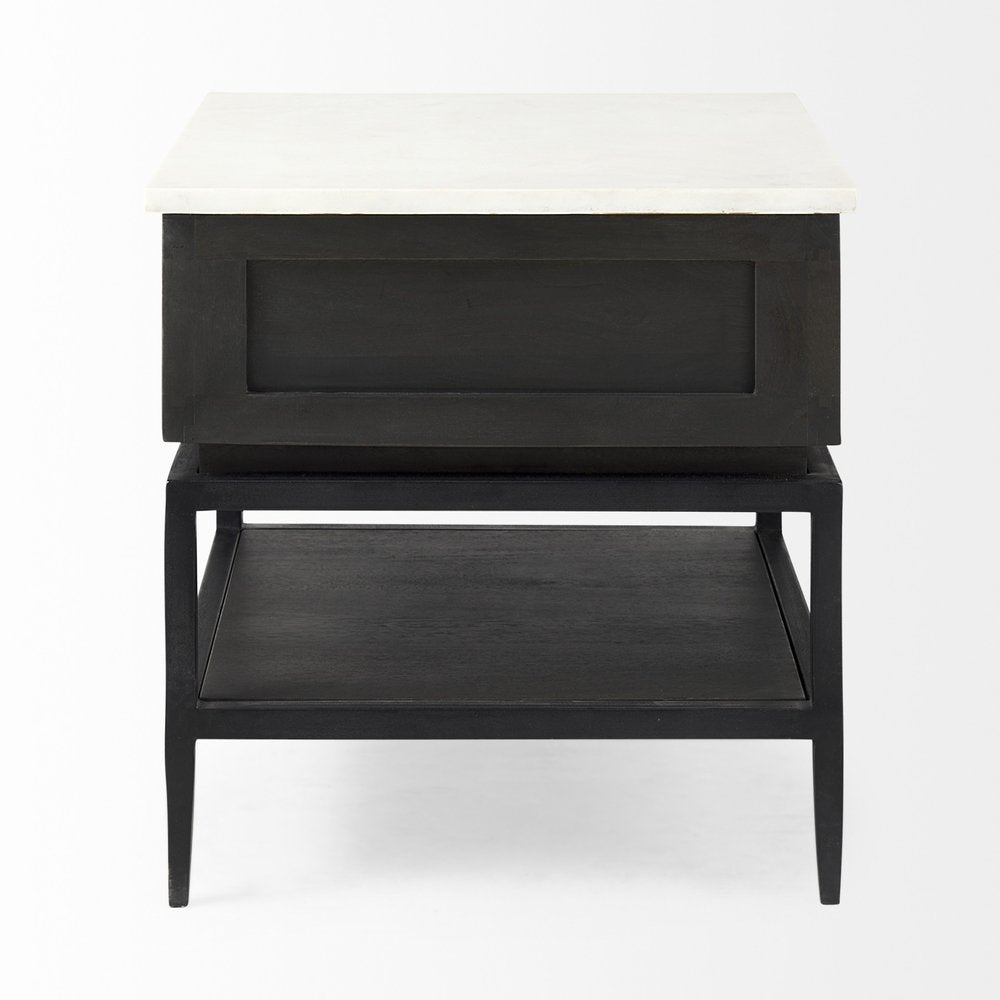 Black and White Marble Square End Table with Drawer and Shelf