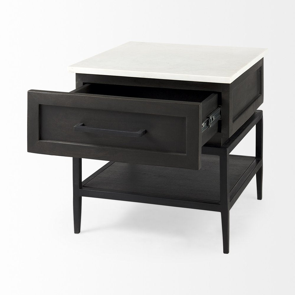 Black and White Marble Square End Table with Drawer and Shelf