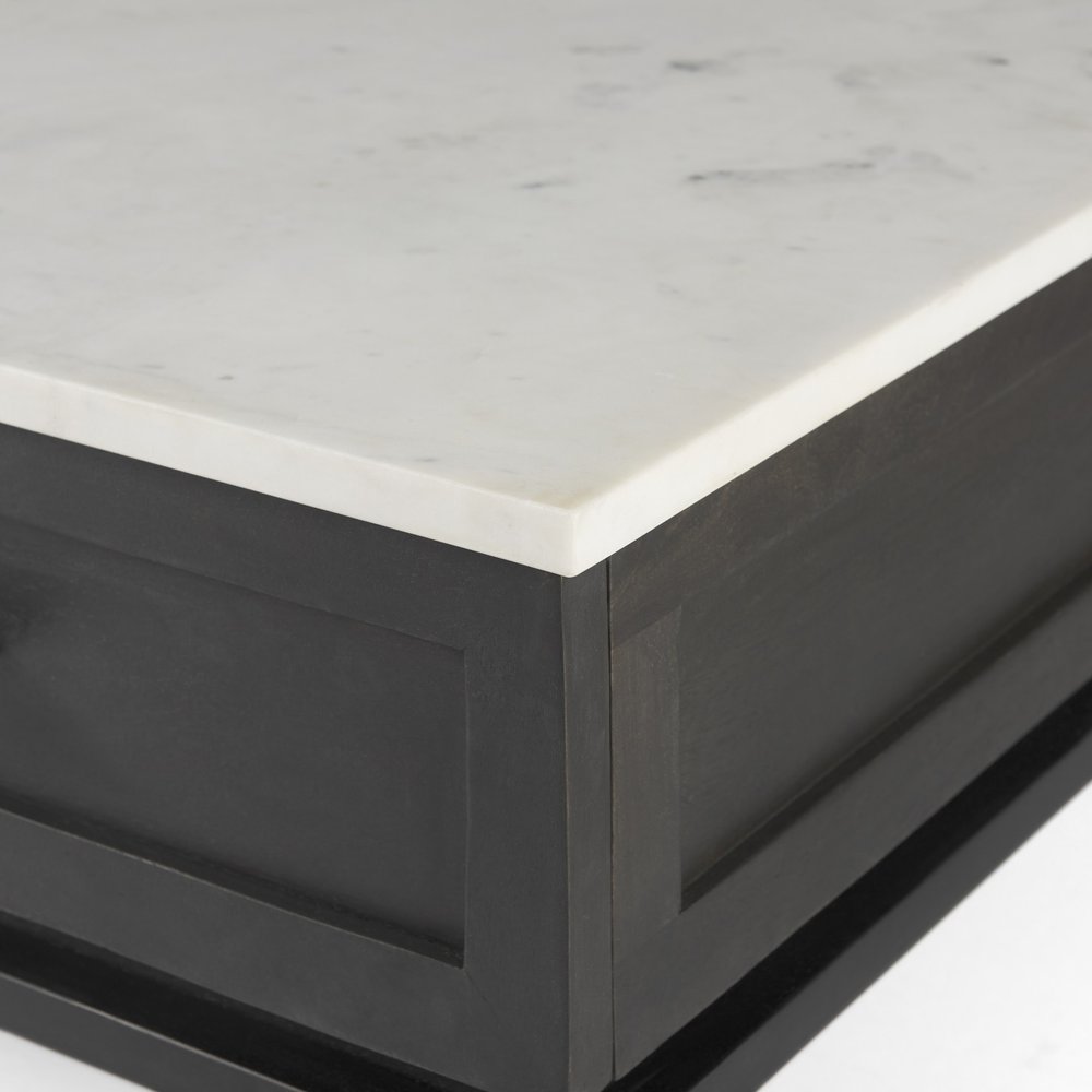 Black and White Marble Square End Table with Drawer and Shelf