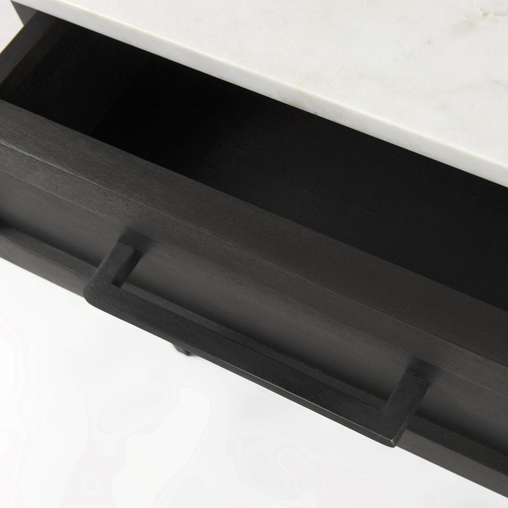Black and White Marble Square End Table with Drawer and Shelf