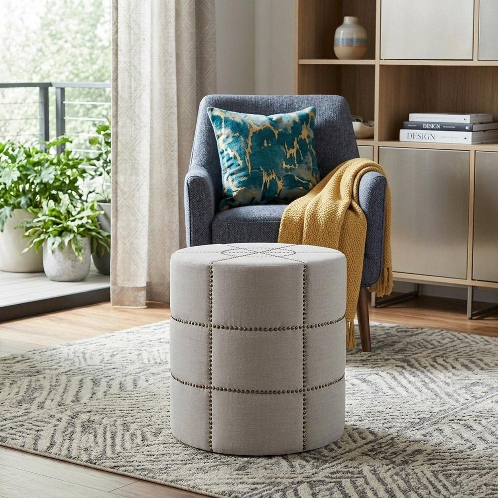 Cream Fabric Tufted Round Footstool - 20-inch