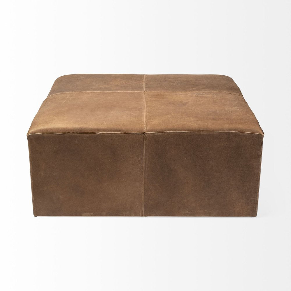 Brown Genuine Leather Cube Ottoman - 36-inch