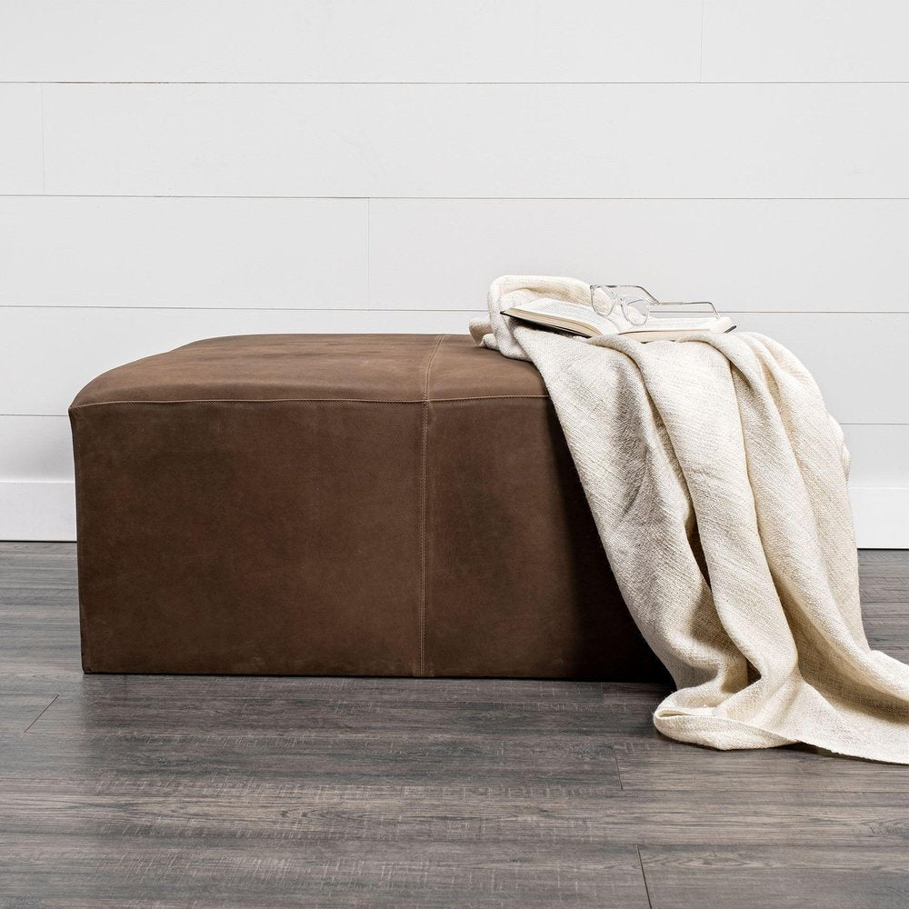 Brown Genuine Leather Cube Ottoman - 36-inch