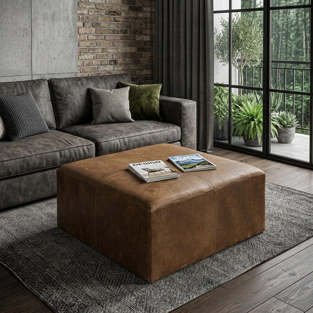 Brown Genuine Leather Cube Ottoman - 36-inch