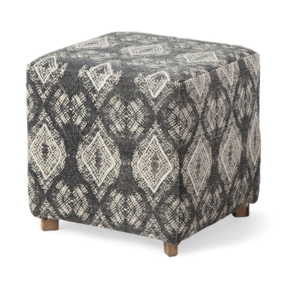 Gray Cotton and Brown Cube Ottoman - 19-inch