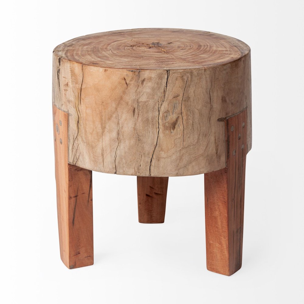 Dark Brown and Brown Distressed Reclaimed Wood Round End Table