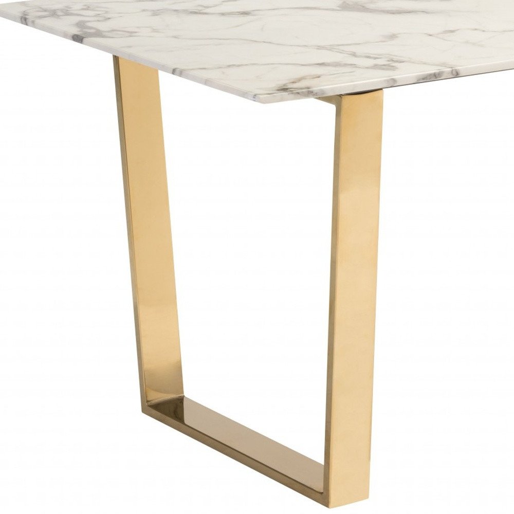 White and Gold Faux Marble and Steel Sled Base Dining Table - 71-inch