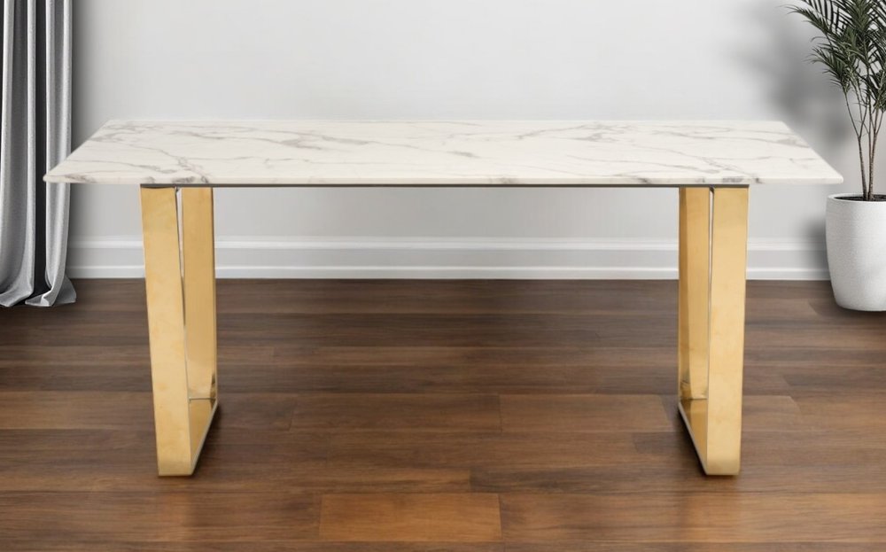 White and Gold Faux Marble and Steel Sled Base Dining Table - 71-inch