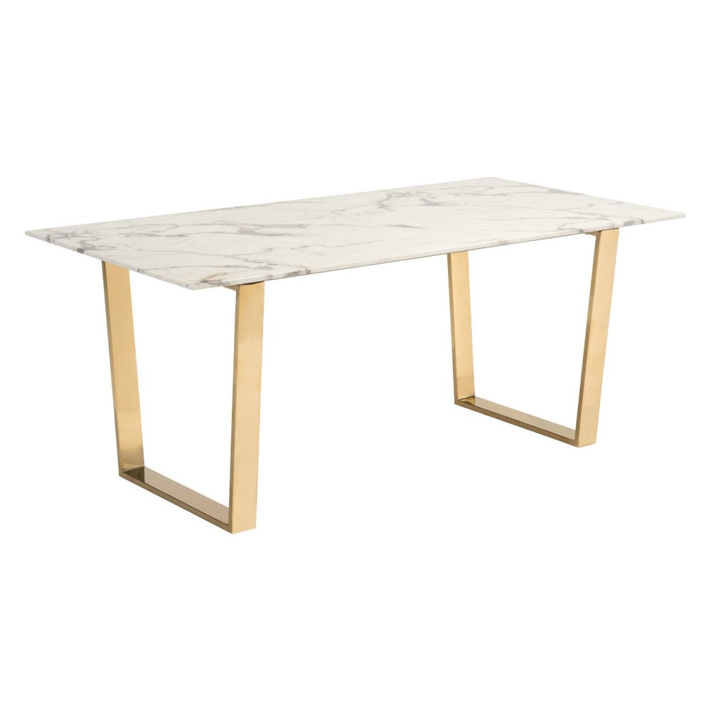 White and Gold Faux Marble and Steel Sled Base Dining Table - 71-inch
