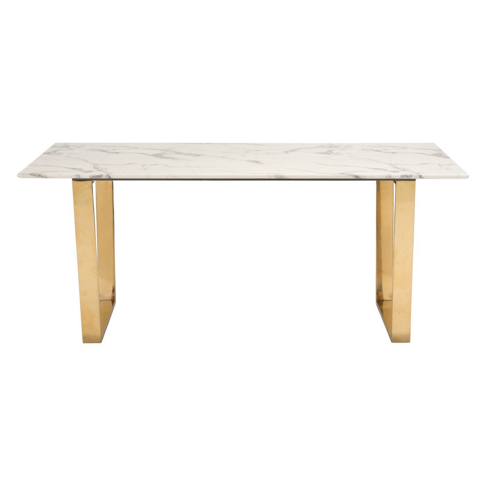 White and Gold Faux Marble and Steel Sled Base Dining Table - 71-inch