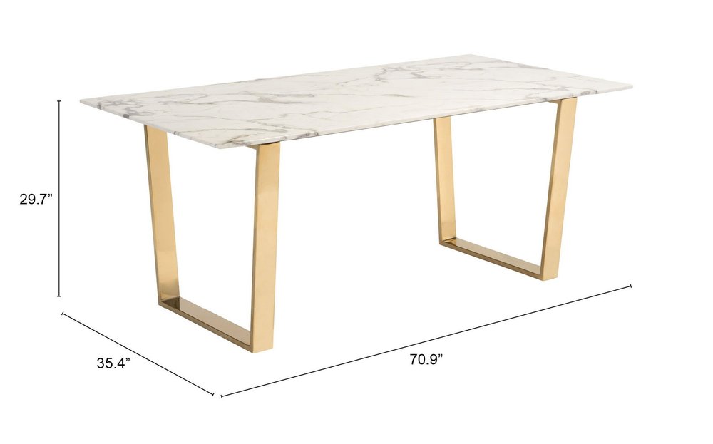 White and Gold Faux Marble and Steel Sled Base Dining Table - 71-inch