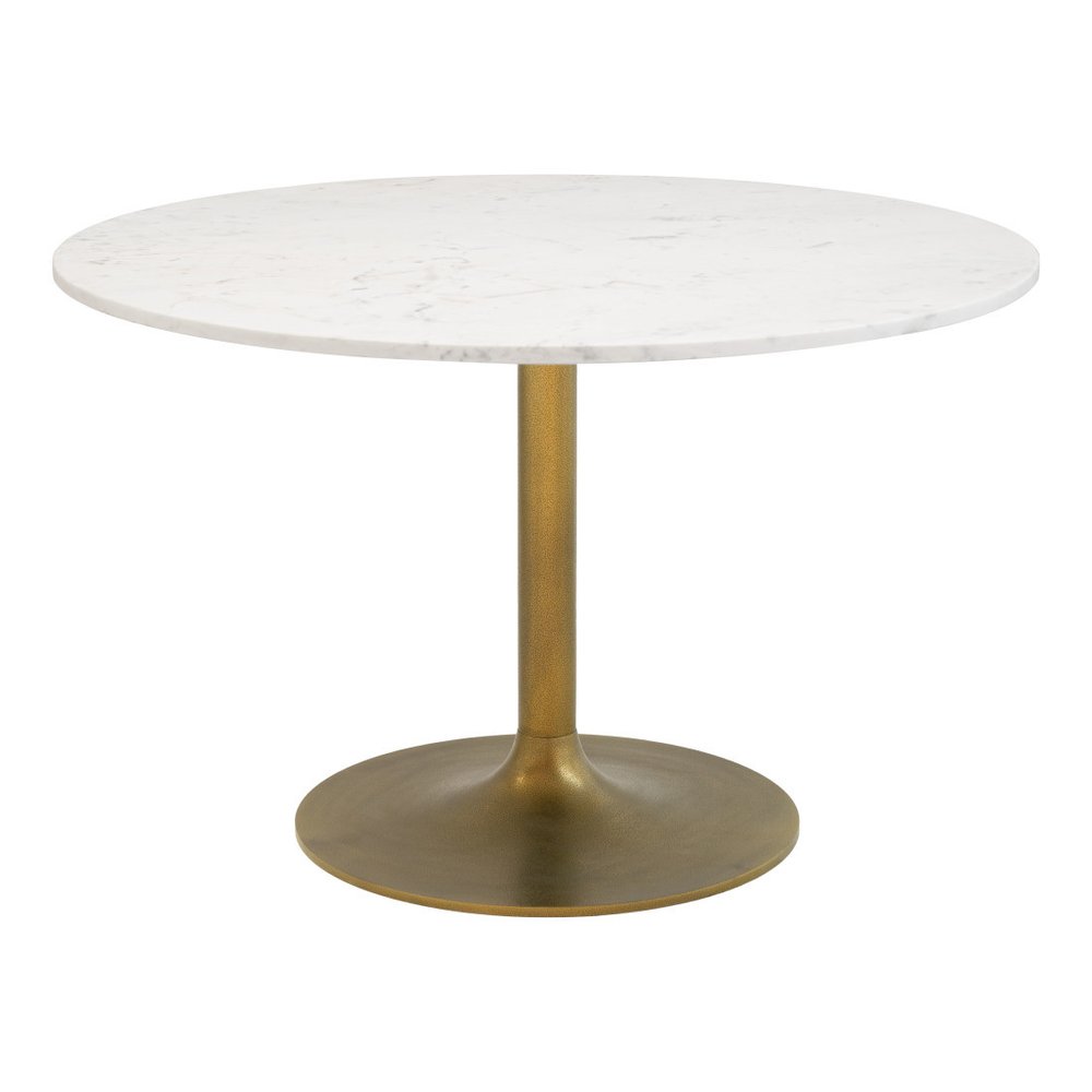 White and Gold Marble and Steel Pedestal Base Round Top Dining Table - 47-inch