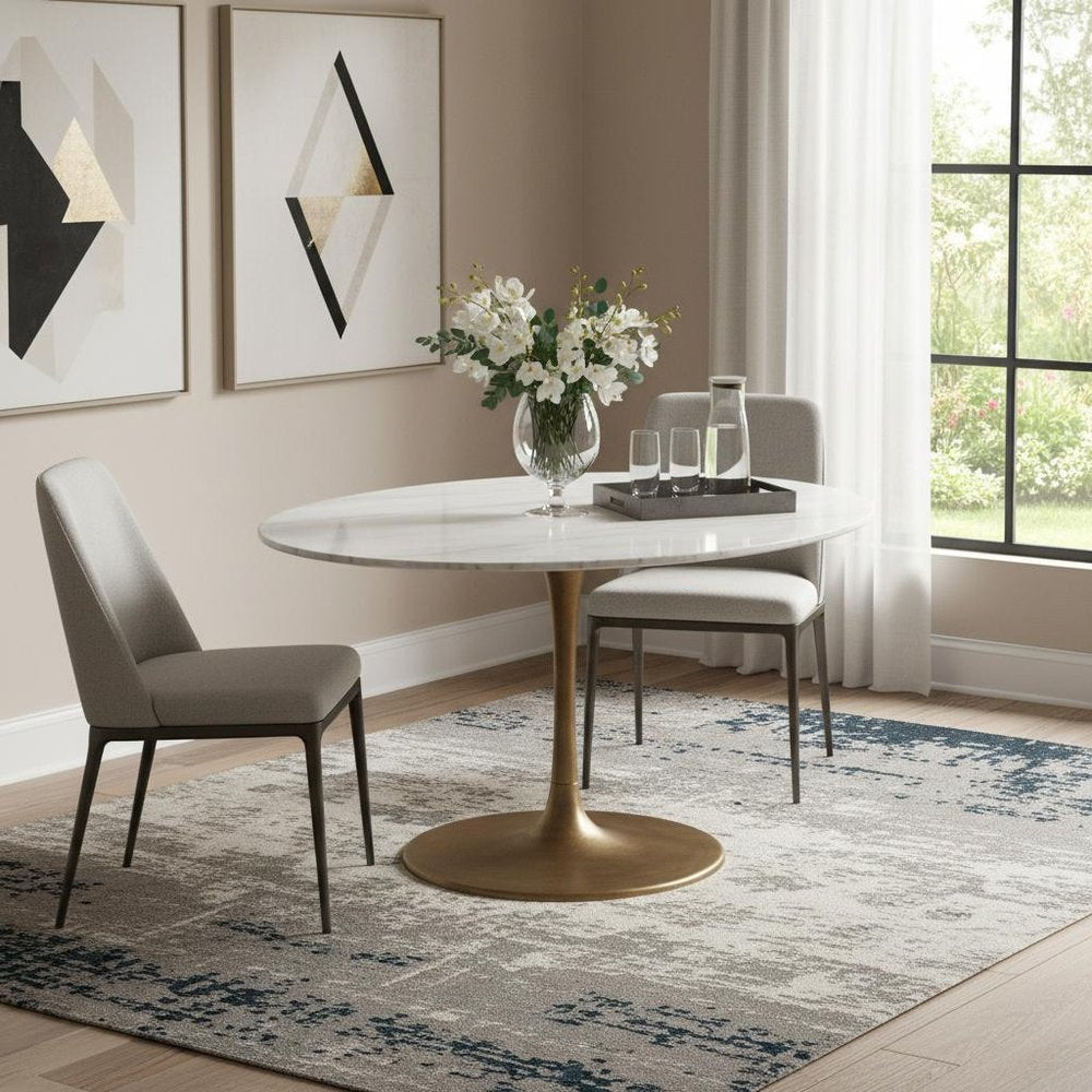 White and Gold Marble and Steel Pedestal Base Round Top Dining Table - 47-inch