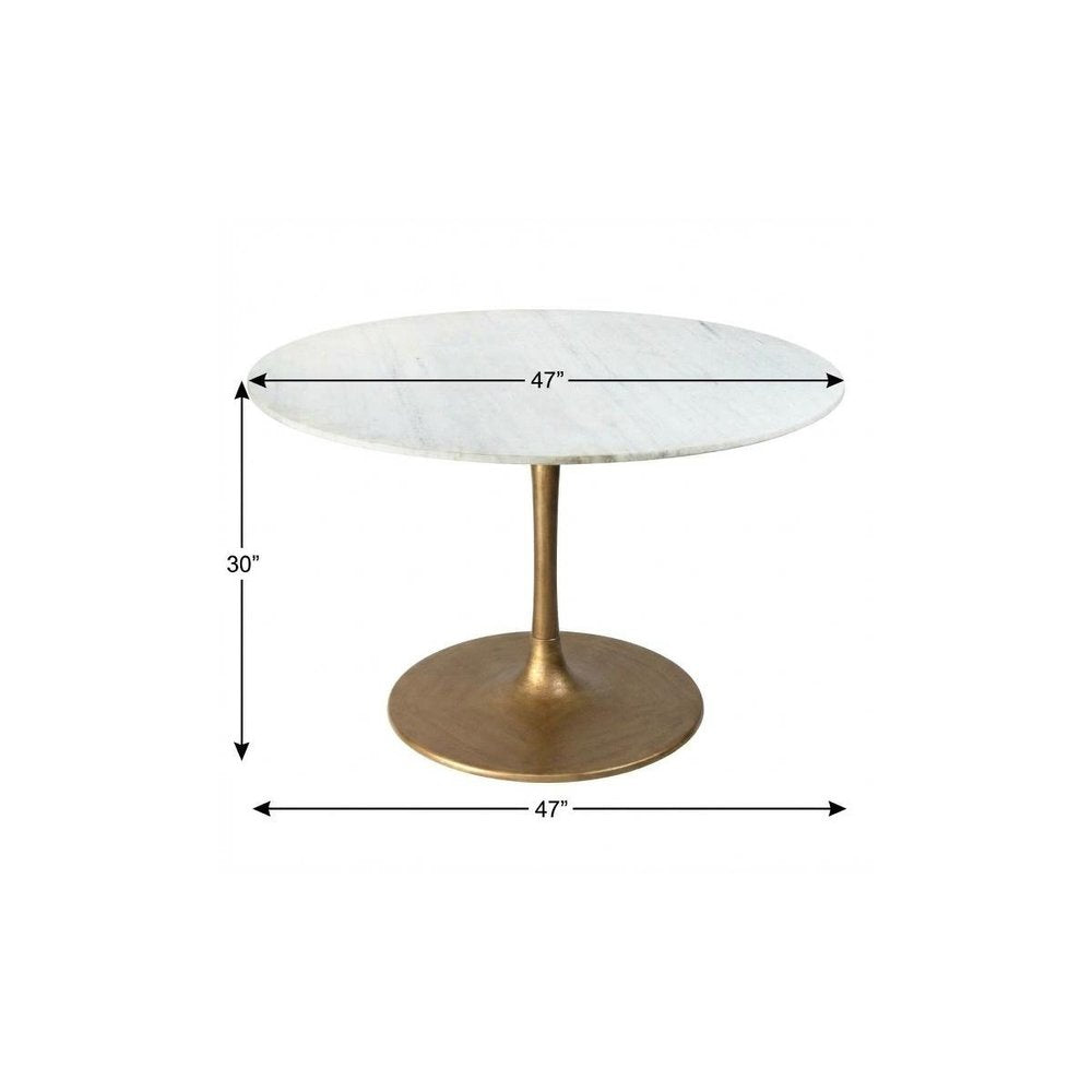 White and Gold Marble and Steel Pedestal Base Round Top Dining Table - 47-inch