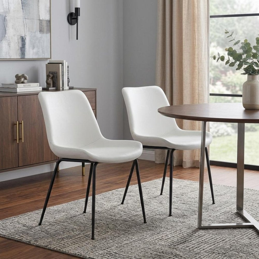 Set of Two White and Black Upholstered Faux Leather Dining Side Chairs