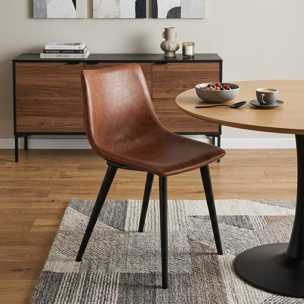 Set of Two Brown Vintage Look Faux Leather Slight Scoop Dining Chairs
